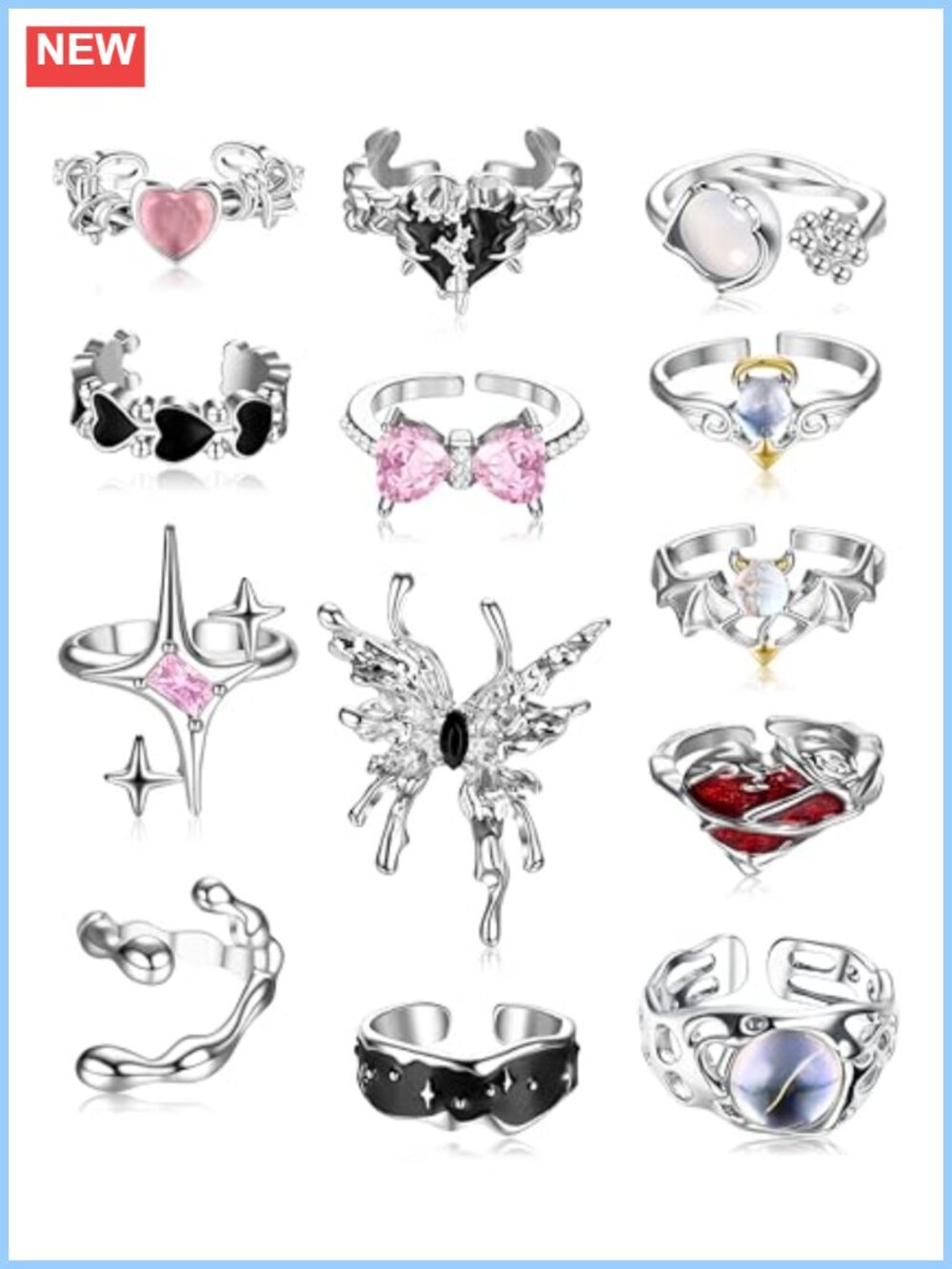 13 Pc Y2K Rings Set Adjustable Open Punk Gothic Butterfly Heart Star